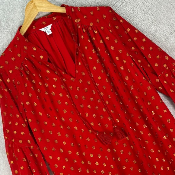 Crown & Ivy Women's Red Metallic Peasant Blouse Tassel Tie Boho Sz XXL Festive - Picture 1 of 11